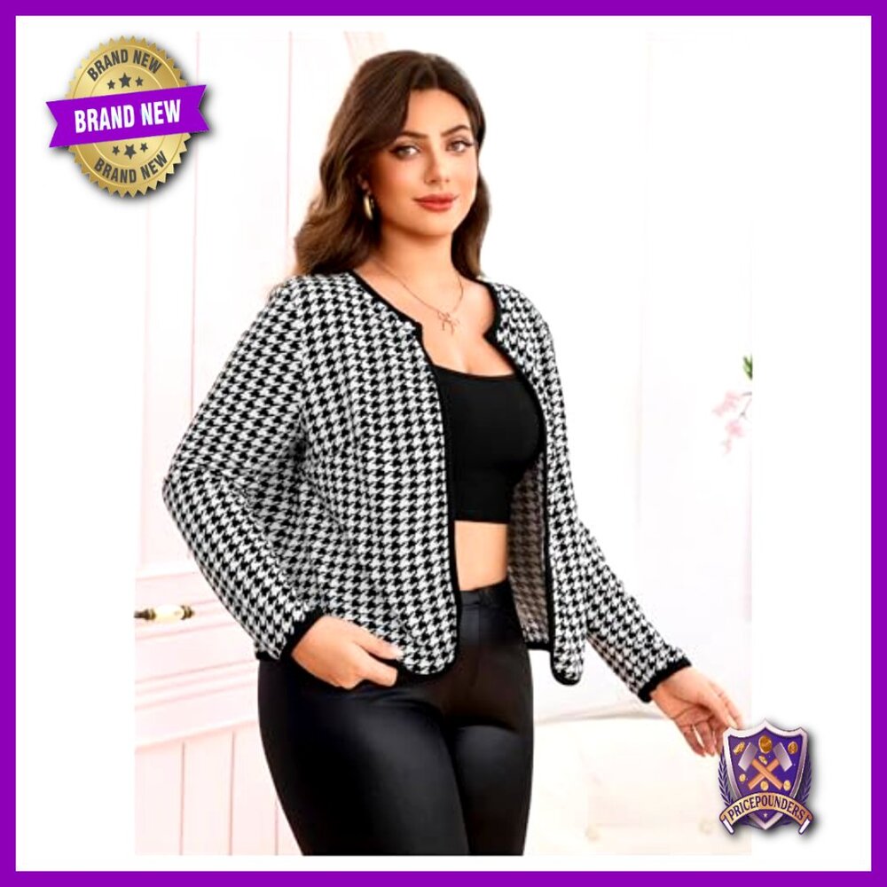 Plus Size Houndstooth Open Front Long Sleeve Casu… - image 4